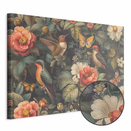 Premium canvastavla - Flowers birds and