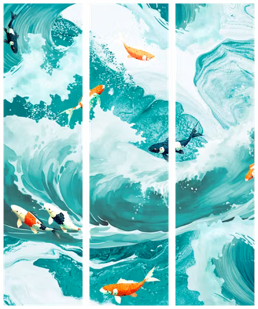 3-delad rumsavdelare - Koi fish among waves