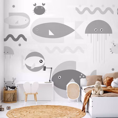 Fototapet - Minimalist Grey Ocean Geometric Fish
