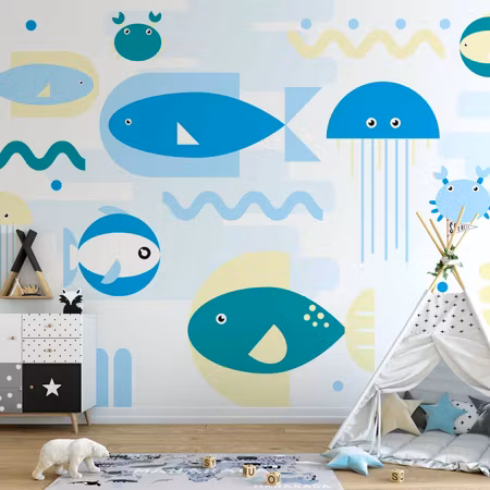 Fototapet - Animals in the Sea Geometric Blue Fish