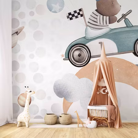 Fototapet - Teddy Bear in a Racing Car
