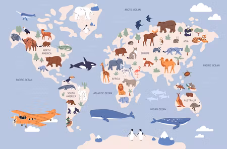 Fototapet - World Map with Animal Illustrations