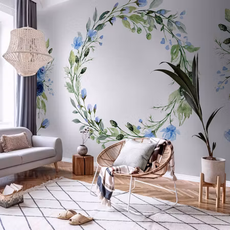 Fototapet - Romantic Wreath Plant Motif with Blue