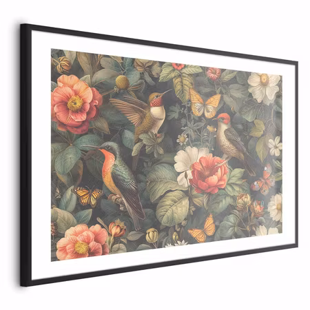 Poster med ram - Flowers Birds and Butterflies