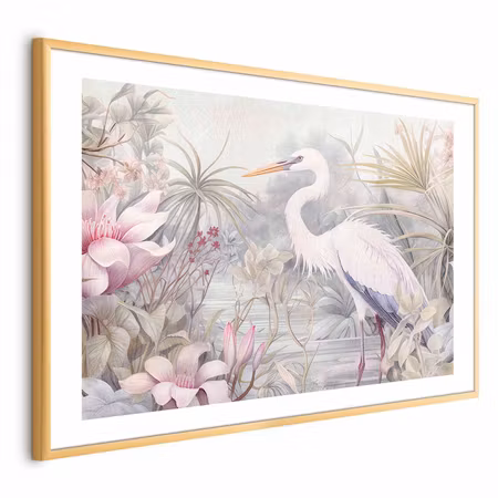 Poster med ram - Heron Wading in a Pond