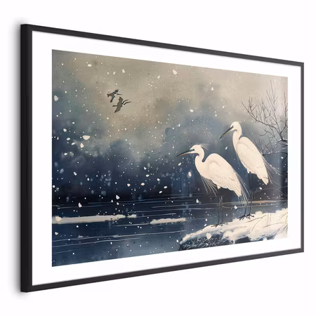 Poster med ram - Herons Over a Winter Pond