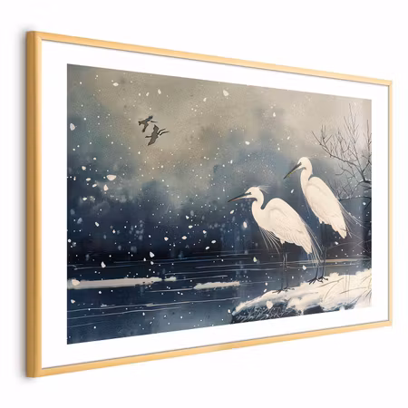 Poster med ram - Herons Over a Winter Pond