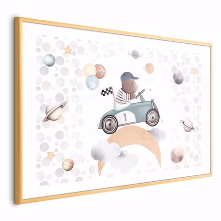 Poster med ram - Bear in a Race Car