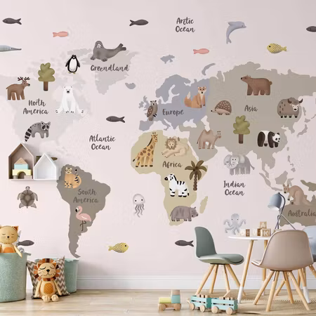Fototapet - Pastel Map Animals and Continents For