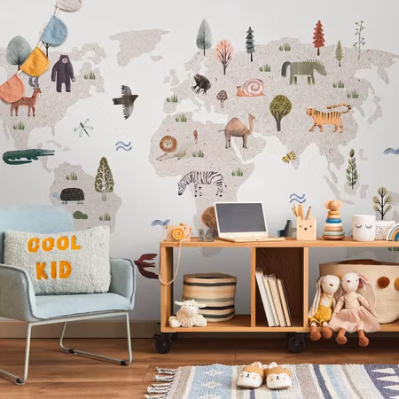 Fototapet - Beige World Continents with Animals in