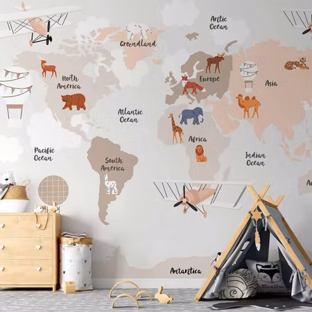 Fototapet - World Map in Beige Tones For Children