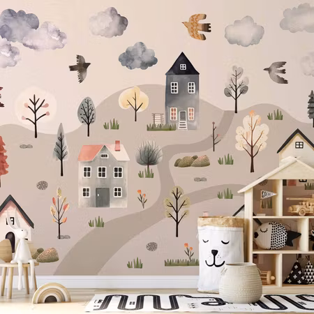 Fototapet - Scandinavian Valley Village in Pastel