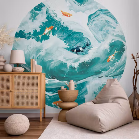 Rund fototapet - Fish and waves