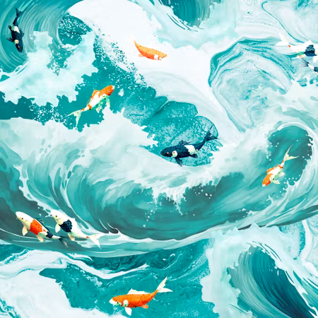 Rund fototapet - Fish and waves