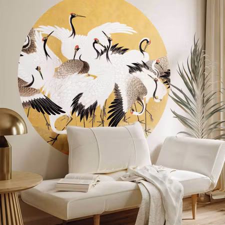 Rund fototapet - Japanese cranes a flock of birds