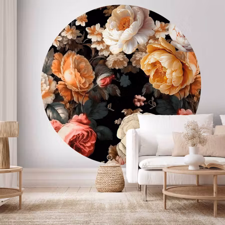 Rund fototapet - Colourful flowers on a black