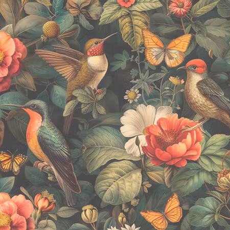 Rund fototapet - Flowers birds and butterflies