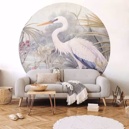 Rund fototapet - Heron wading in a pond in bright