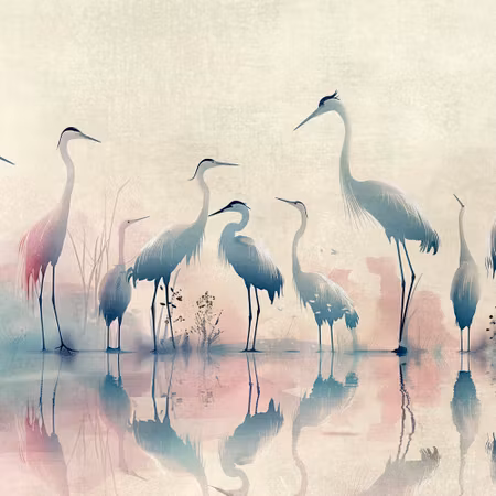 Rund fototapet - Birds by the lake herons painted