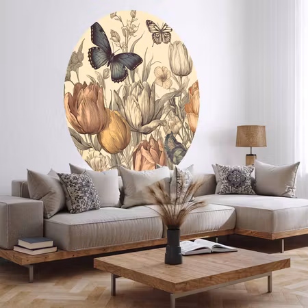 Rund fototapet - Colourful tulips on a cream