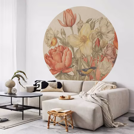 Rund fototapet - Bouquet of flowers on a cream