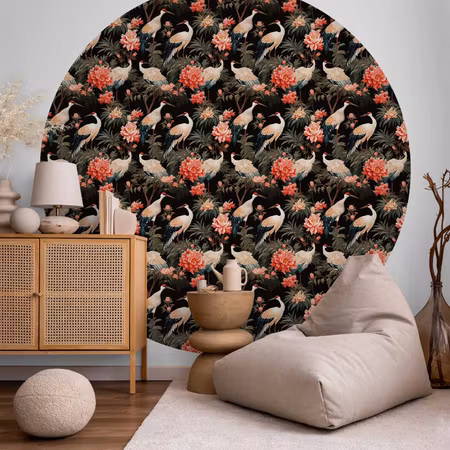 Rund fototapet - Ornament with birds silhouettes