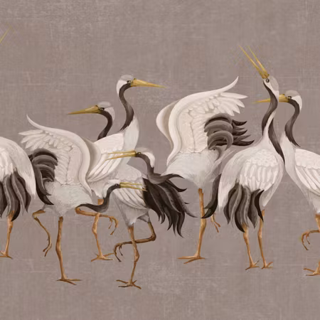 Rund fototapet - Cranes dancing bright silhouettes