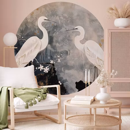 Rund fototapet - Herons and cherry blossoms style