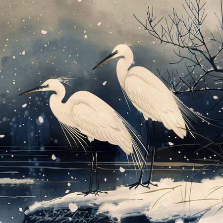Rund fototapet - Herons over a winter pond style