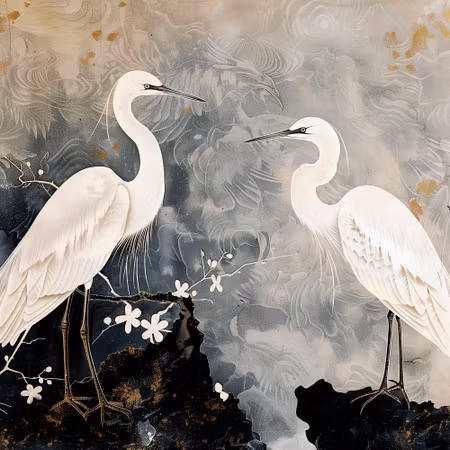 Rund fototapet - Herons and cherry blossoms style
