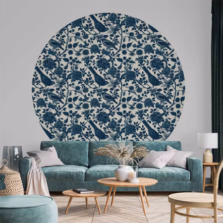 Rund fototapet - Birds and roses monochrome blue