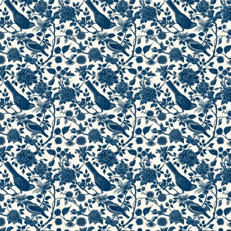 Rund fototapet - Birds and roses monochrome blue
