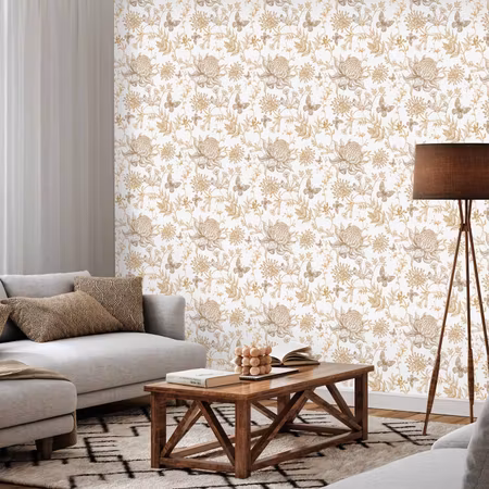 Tapet - Beige flowers and butterflies on white