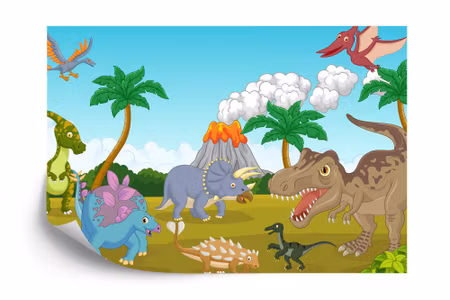Fototapet - Colorful dinosaurs and volcano