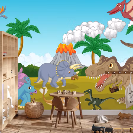 Fototapet - Colorful dinosaurs and volcano