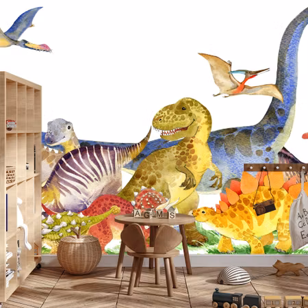 Fototapet - Dinosaurs painted with watercolor