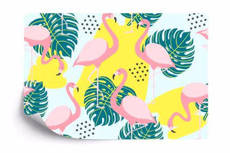 Fototapet - Leaves and flamingos