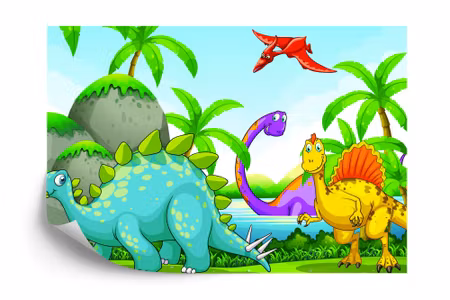 Fototapet - Green dinosaurs and palm trees