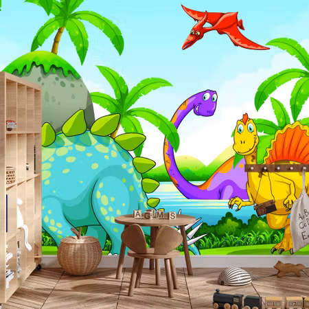 Fototapet - Green dinosaurs and palm trees