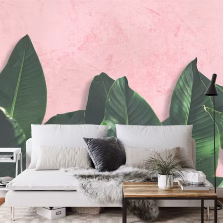 Fototapet - Tropical plants on pink background