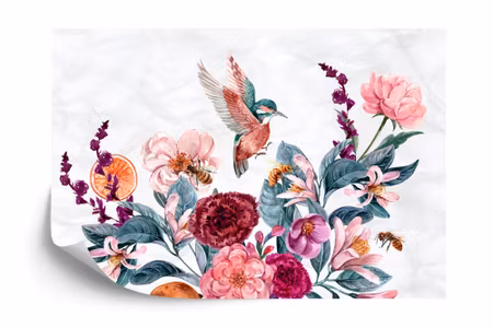 Fototapet - Hummingbirds and bees on a flower