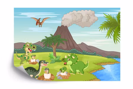 Fototapet - Dinosaurs and volcano