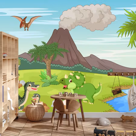 Fototapet - Dinosaurs and volcano