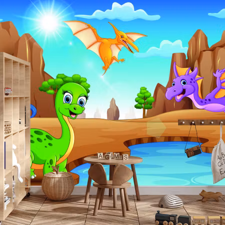 Fototapet - Fairytale dinosaurs by the water