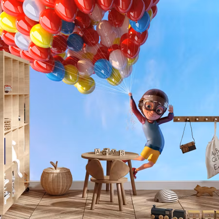 Fototapet - Boy with balloons in flight