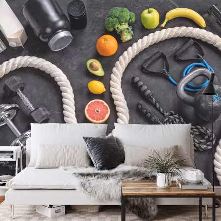 Fototapet - Sports equipment with fruit and