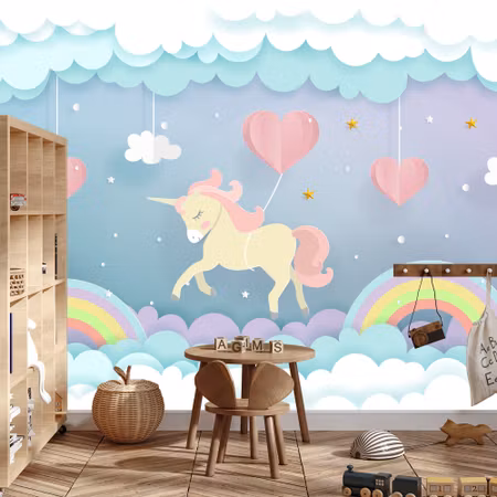 Fototapet - Unicorns with hearts and rainbow