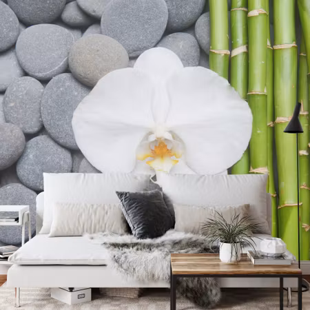 Fototapet - Bamboo with stones and orchids