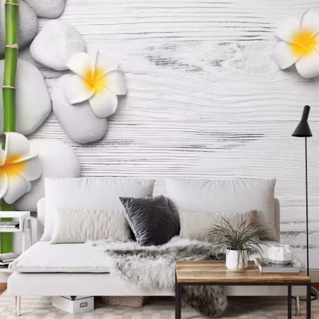 Fototapet - Bamboo with flowers and stones