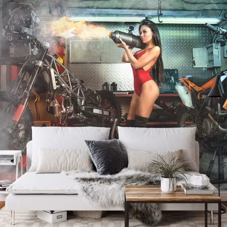 Fototapet - Woman with blowtorch in a garage